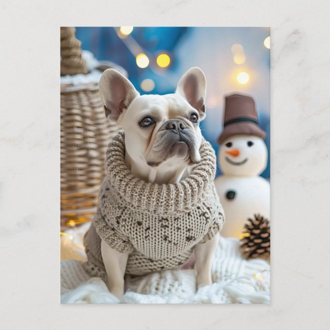 Postal Festiva Bulldog Francés con Ropa de Perro Tejida (Anverso)