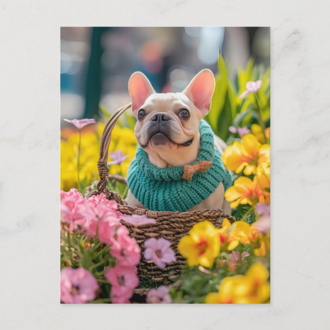 Postal Festiva Bulldog Francés con Ropa de Perro Tejida (Anverso)
