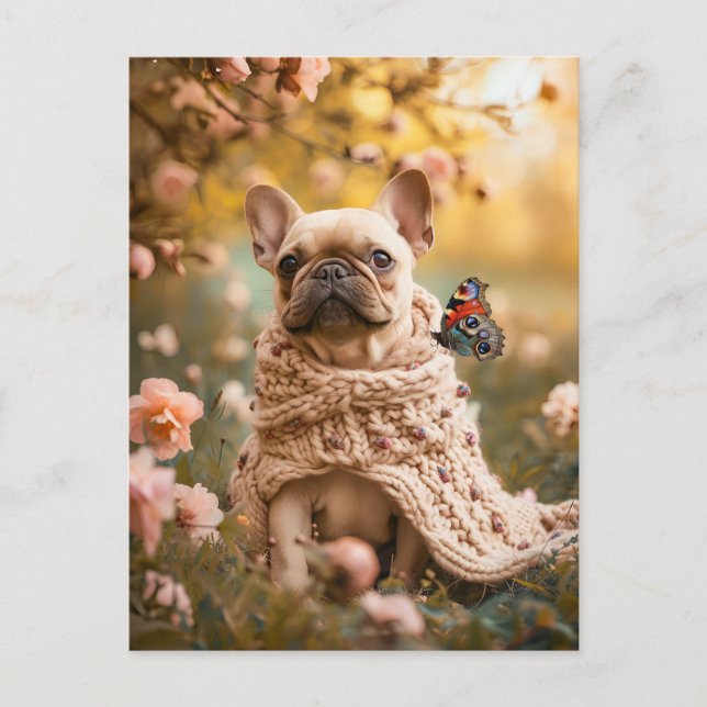 Postal Festiva Bulldog Francés con Ropa de Perro Tejida (Anverso)