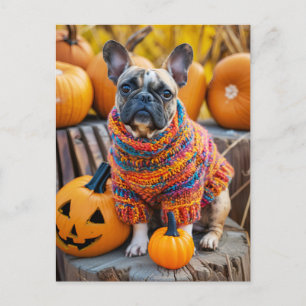 Postal Festiva Bulldog Francés con Ropa de Perro Tejida