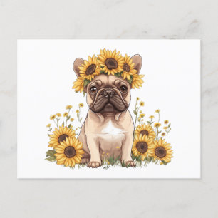 Postal Festiva Bulldog francés rodeado de girasoles