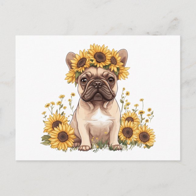 Postal Festiva Bulldog francés rodeado de girasoles (Anverso)