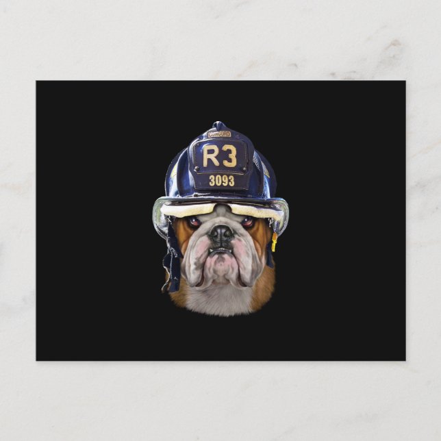 Postal Festiva Bulldog inglés gruñón con casco para bomberos (Anverso)