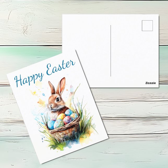 Postal Festiva Bunny acuático y cesta de Pascua (Watercolor Happy Easter Postcard featuring bunny, Easter basket full of Easter eggs. )