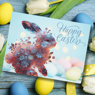 Postal Festiva Bunny de cristal con flores Pastel Pascua