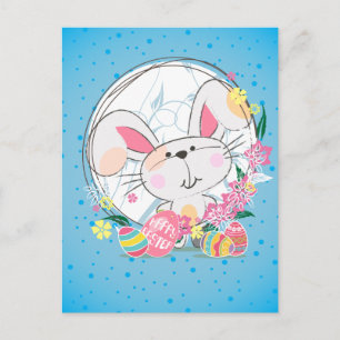 Postal Festiva Bunny de Pascua con huevos decorados y flor de pri