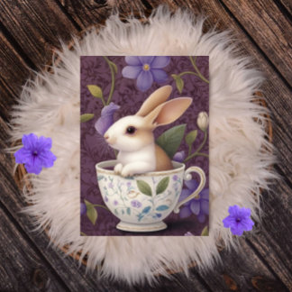 Postal Festiva Bunny en Floral Teacup con flores moradas