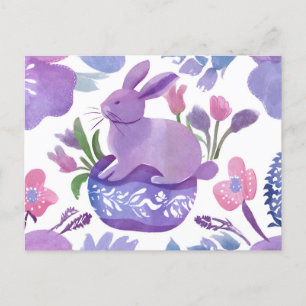 Postal Festiva Bunny morado acuarela con flores de primavera