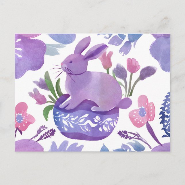 Postal Festiva Bunny morado acuarela con flores de primavera (Anverso)