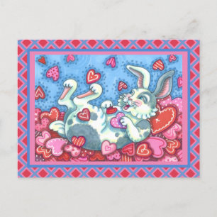 POSTAL FESTIVA BUNNY RABBIT Y COLORES COLORIDOS LLUVIANDO VALENTI