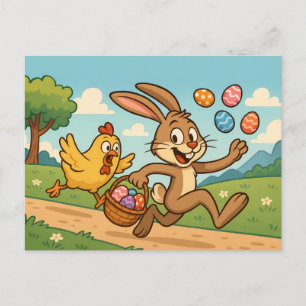 Postal Festiva Bunny roba huevos con el gracioso diseño de Pascua