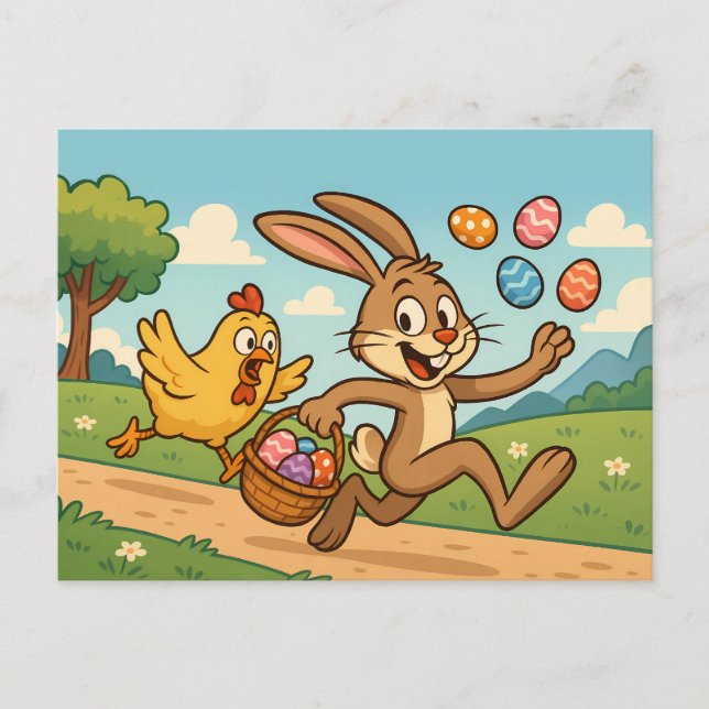 Postal Festiva Bunny roba huevos con el gracioso diseño de Pascua (Anverso)