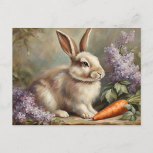 Postal Festiva Bunny vintage con flores de lagarto y zanahoria