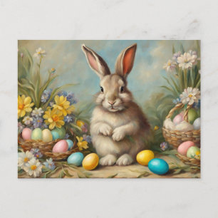 Postal Festiva Bunny vintage de Pascua con cestas de pascua, flor