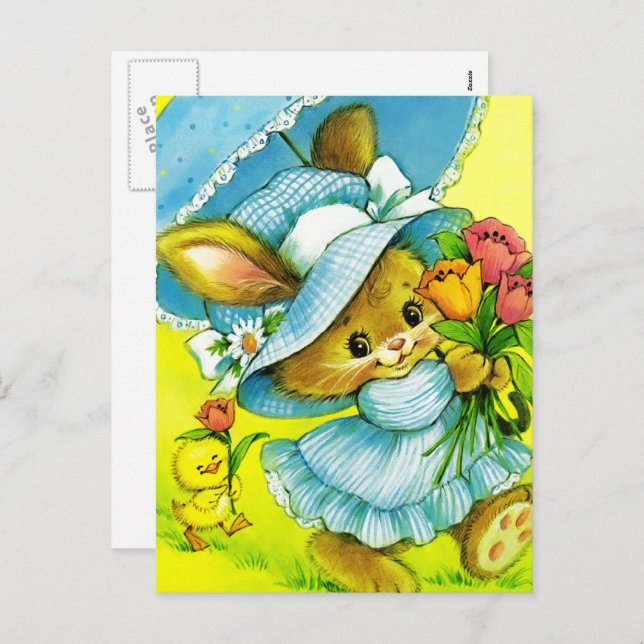 Postal Festiva Bunny vintage y Pascua de Chick (Anverso / Reverso)