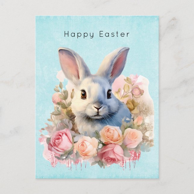 Postal Festiva Bunny with a Garland of Roses Cute Easter (Anverso)
