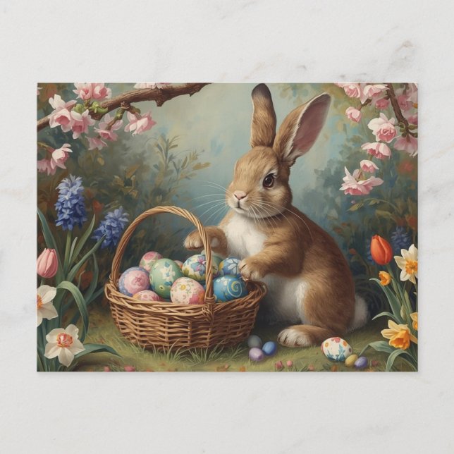 Postal Festiva Bunny with Easter Egg Basket and Spring Garden  (Anverso)