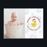 Postal Festiva Burbujas fotográficas de los Navidades del pato de<br><div class="desc">Ilustracion de un pato de goma con un sombrero de santa rodeado de burbujas. Personalice la foto de su familia delante. Personalice el texto en la parte posterior.</div>