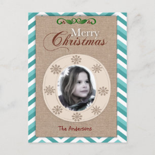Postal Festiva Burlap y Aqua Chevron Christmas Photo Card