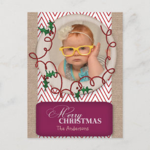 Postal Festiva Burlap y Red Chevron Christmas Photo Card