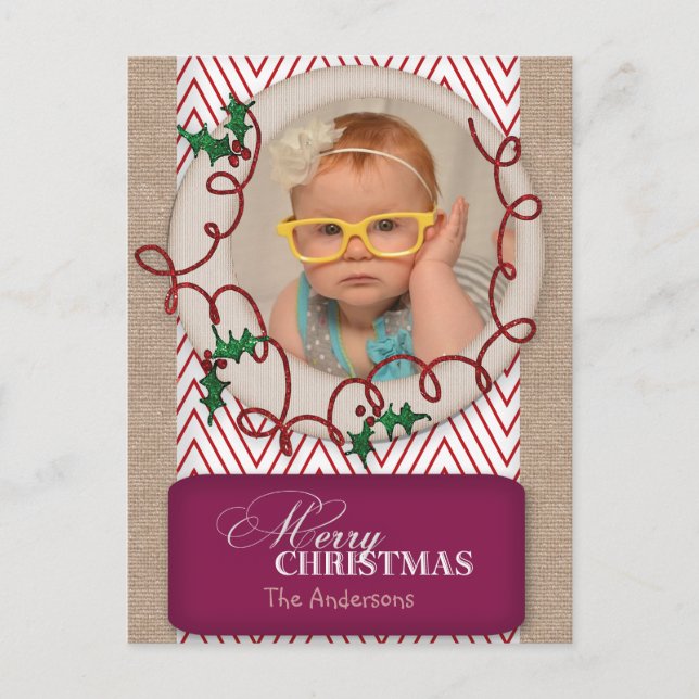 Postal Festiva Burlap y Red Chevron Christmas Photo Card (Anverso)