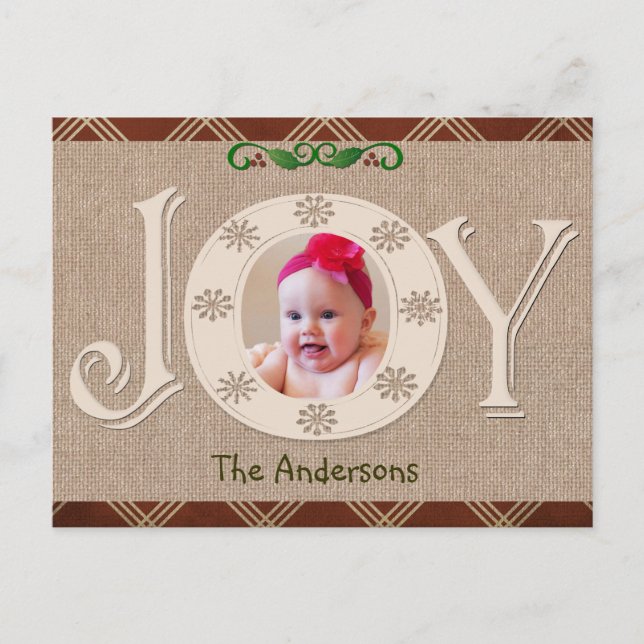 Postal Festiva Burlap y Red Chevron Christmas Photo Card (Anverso)