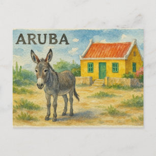 Postal Festiva Burro de Aruba con casa cunucu amarilla acuarela