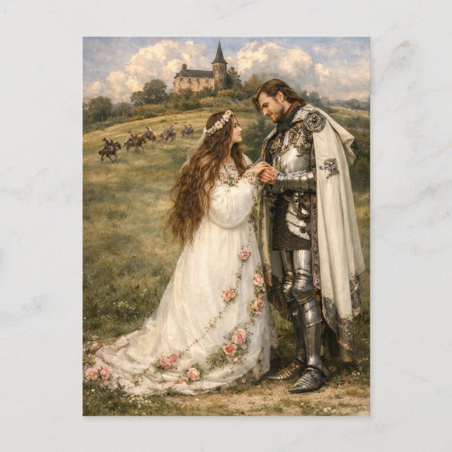 Postal Festiva Caballero medieval, castillo y princesa (Anverso)