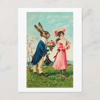 Postal Festiva Caballeros conejos cortejando a la dama de Pascua