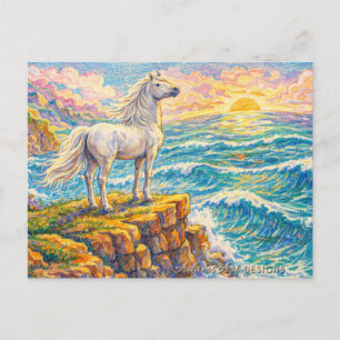 Postal Festiva Caballo Blanco Majestuoso en el Acantilado del Océ