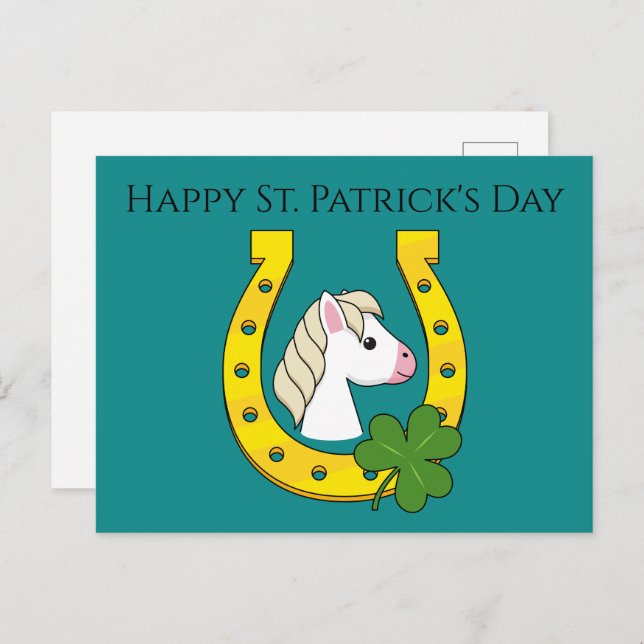 Postal Festiva Caballo con zapato de caballo dorado, Shamrock | P (Anverso / Reverso)