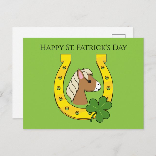 Postal Festiva Caballo con zapato de caballo dorado, Shamrock | P (Anverso / Reverso)