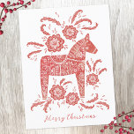 Postal Festiva Caballo Dala sueco<br><div class="desc">Arte tradicional sueco Dala Horse en rojo y blanco. Arte original de Nic Squirrell. Cambie el saludo a personalizar.</div>