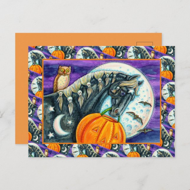 POSTAL FESTIVA CABALLO DE MAGIA NEGRO, OWL, JACK O LANTERN Y HERR (Anverso / Reverso)
