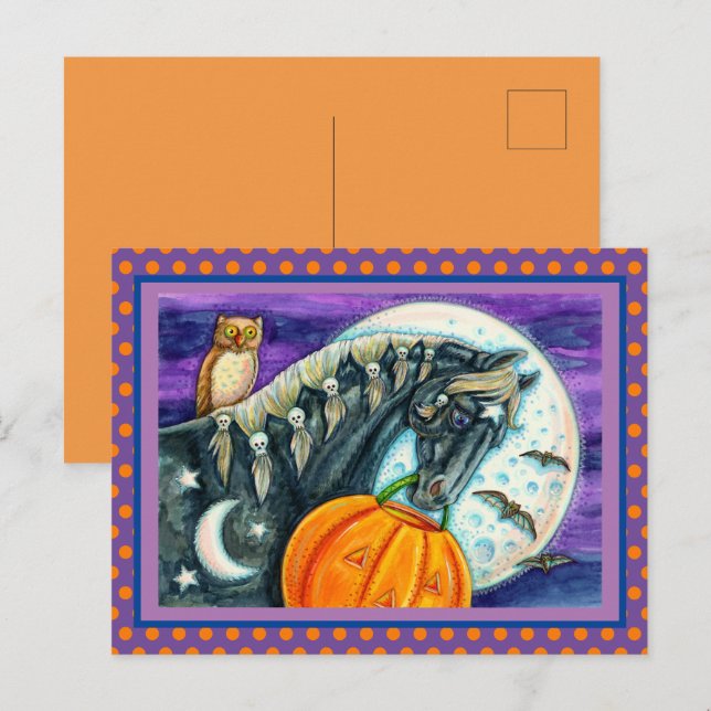 POSTAL FESTIVA CABALLO DE MAGIA NEGRO, OWL, JACK O LANTERN Y HERR (Anverso / Reverso)