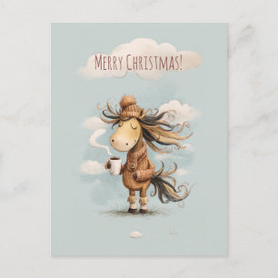 Postal Festiva Caballo feliz disfruta de una bebida caliente, vac