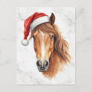 Postal Festiva Caballo majestuoso con sombrero de Santa en acuare