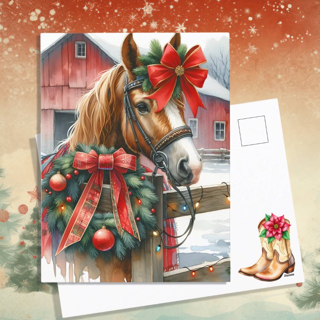 Postal Festiva Caballo marrón bonito en Navidades de oso rojo (Subido por el creador)