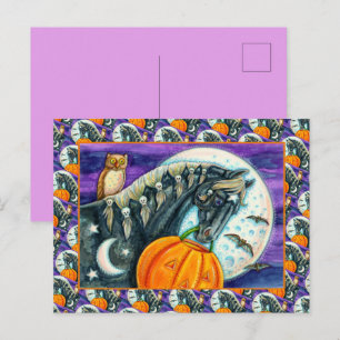 POSTAL FESTIVA CABALLO NEGRO, OWL, JACK O LANTERN SKULLS HALLOWEE
