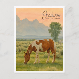 Postal Festiva Caballo y Grand Tetons   Jackson WY Acuarela