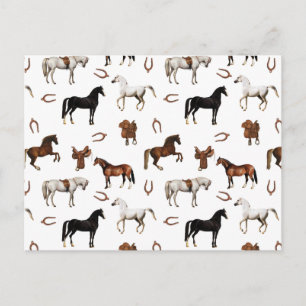 Postal Festiva Caballos Acuarela Herradura Sillas de montar