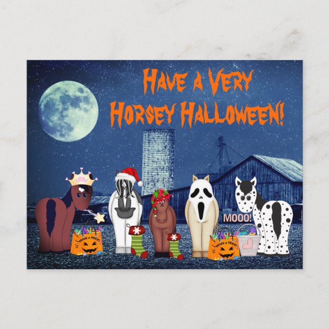 Postal Festiva Caballos cortos con disfraces Caballo de Halloween (Anverso)