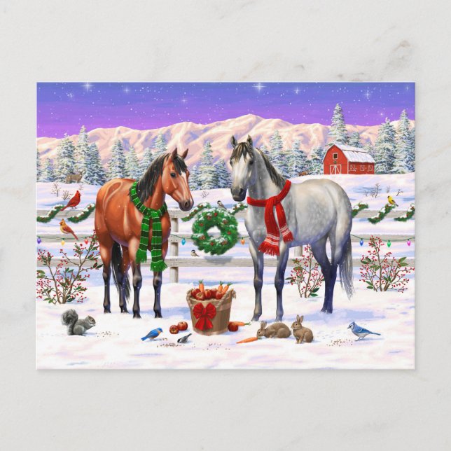 Postal Festiva Caballos navidades en nieve (Anverso)