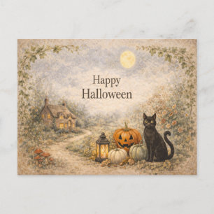 Postal Festiva Cabaña Acogedora Halloween Vintage