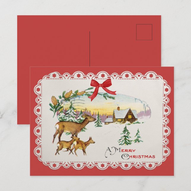 Postal Festiva Cabaña Navideña Vintage & Ciervos (Anverso / Reverso)