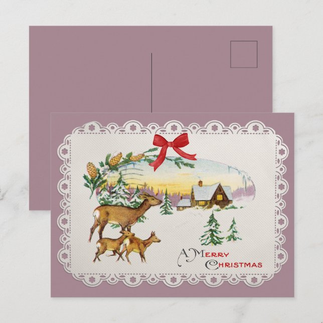 Postal Festiva Cabaña Navideña Vintage & Ciervos (Anverso / Reverso)