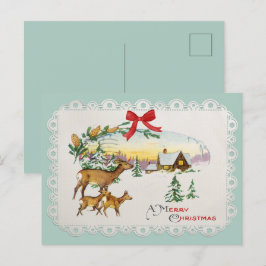 Postal Festiva Cabaña Navideña Vintage y Ciervos