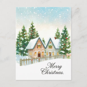 Postal Festiva Cabañas Gemelas Nevadas Aquarela Felicitación