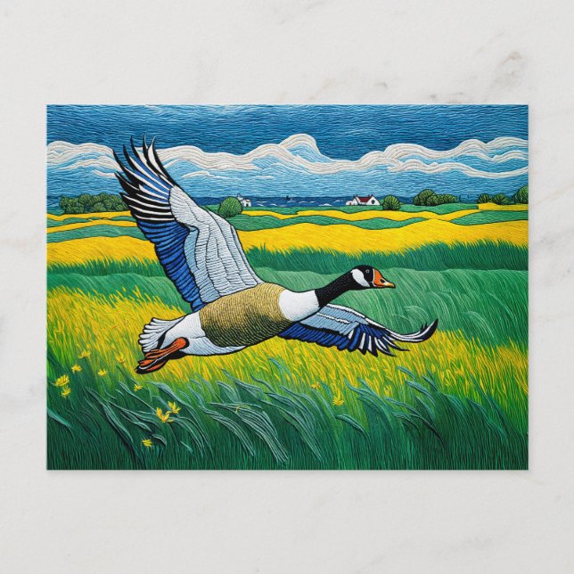 Postal Festiva Cabeza salvaje volando sobre prado floreciente (Anverso)