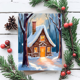 Postal Festiva Cabina en los Snowy Winter Woods Navidades